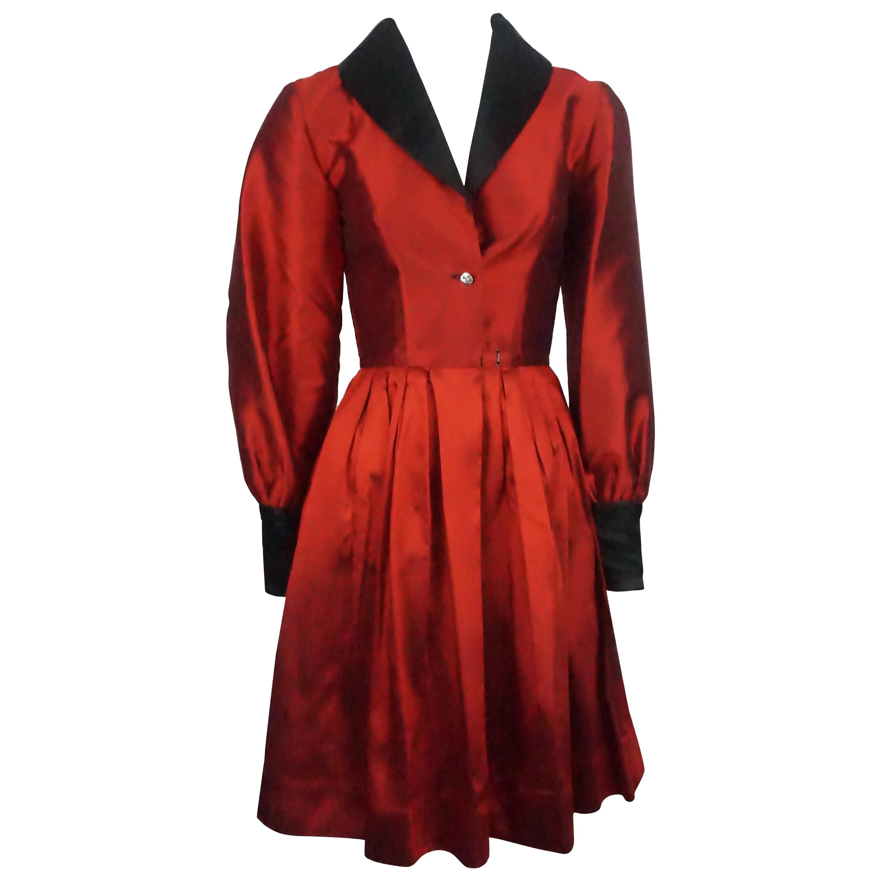 James Purcell Red and Black Silk L/S Gem Button Dress - 4 For Sale