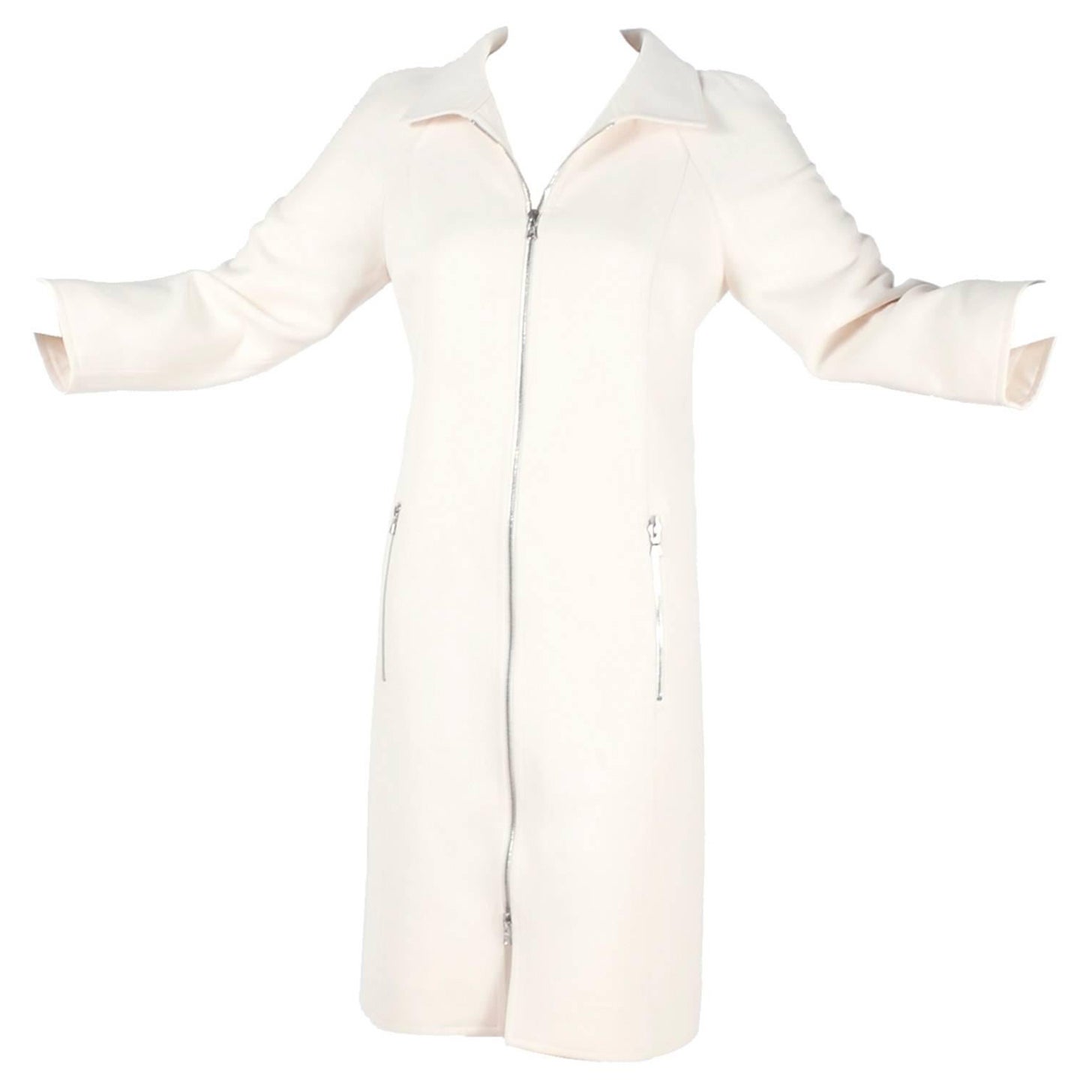 Courreges Mantel aus weißer, weißer und elfenbeinfarbener Wolle mit Reißverschluss vorne und Taschen im Angebot