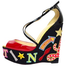 Christian Louboutin Black & Red Loubi Zeppa Wedges Sz 36.5