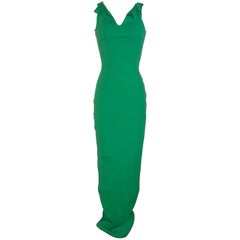 Vintage Patrick Kelly Green Rib Knit Raw Edged Backless Body-Con Maxi Dress, 1980s