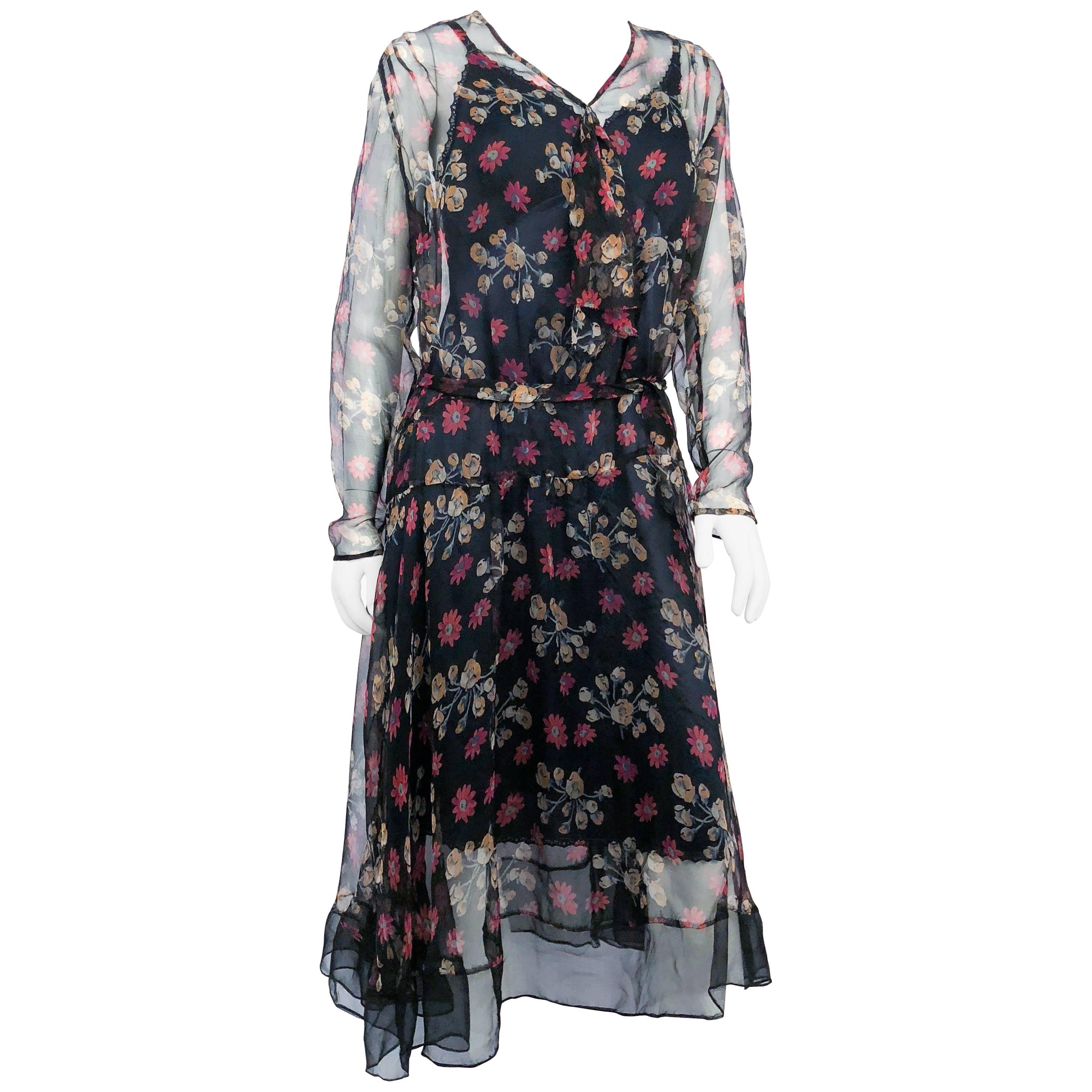 Sheer Floral Printed Silk Chiffon Dress, 1920s  For Sale