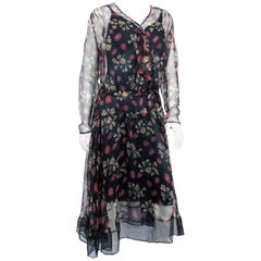 Sheer Floral Printed Silk Chiffon Dress, 1920s 