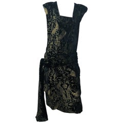 Fiorella Manici Black Silk Velvet Dress with Hand-Stenciled Novelty print, 1980