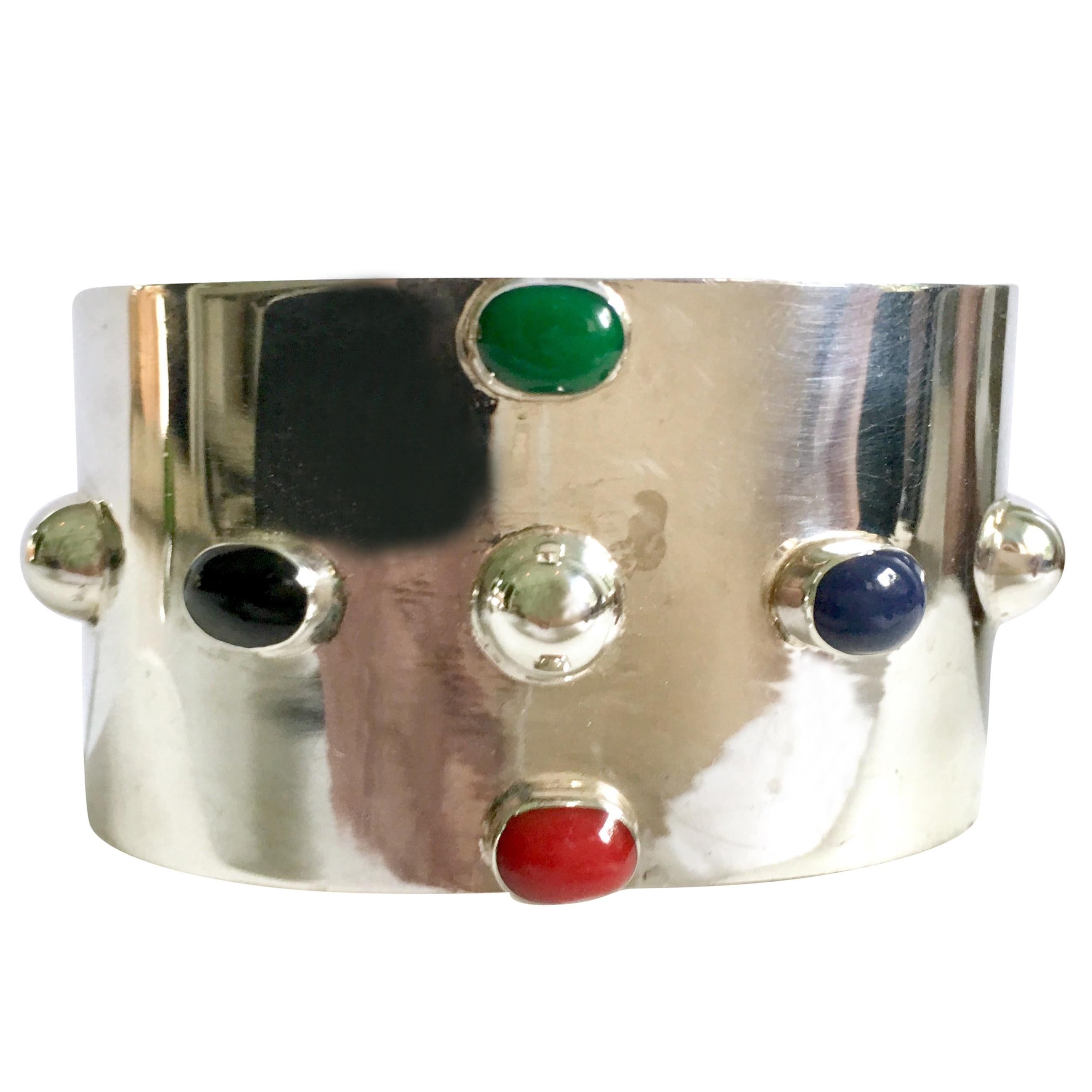 20th Century Taxco 925 Sterling & Semi Precious Stone Cuff Bracelet-Mexico