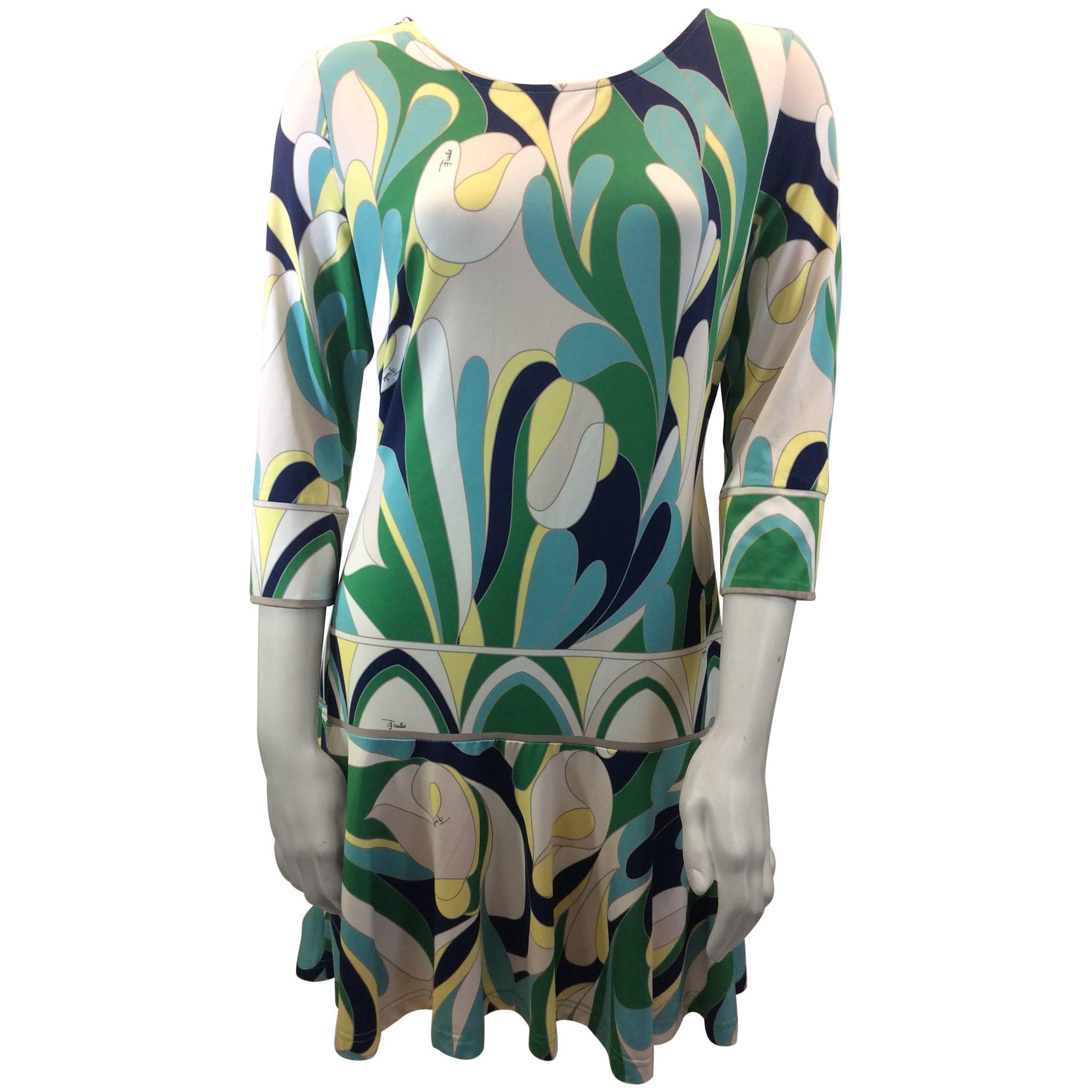 Emilio Pucci Green and Blue Print Silk Dress For Sale