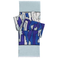 EMILIO PUCCI c.2009 "Cancello" Signature Print Blue Geometric Linen Scarf / Wrap