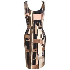 Oscar de la Renta Cream Pink and Tan Abstract Print Cotton Pencil Dress