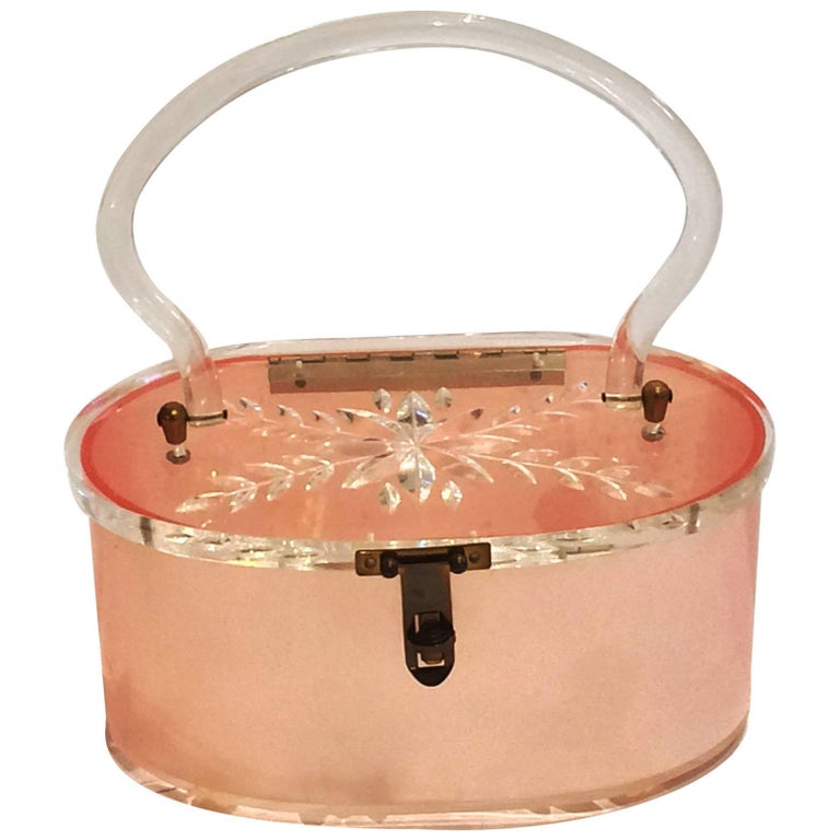 Pink Lucite Purse Handbag with clear carved lid at 1stDibs