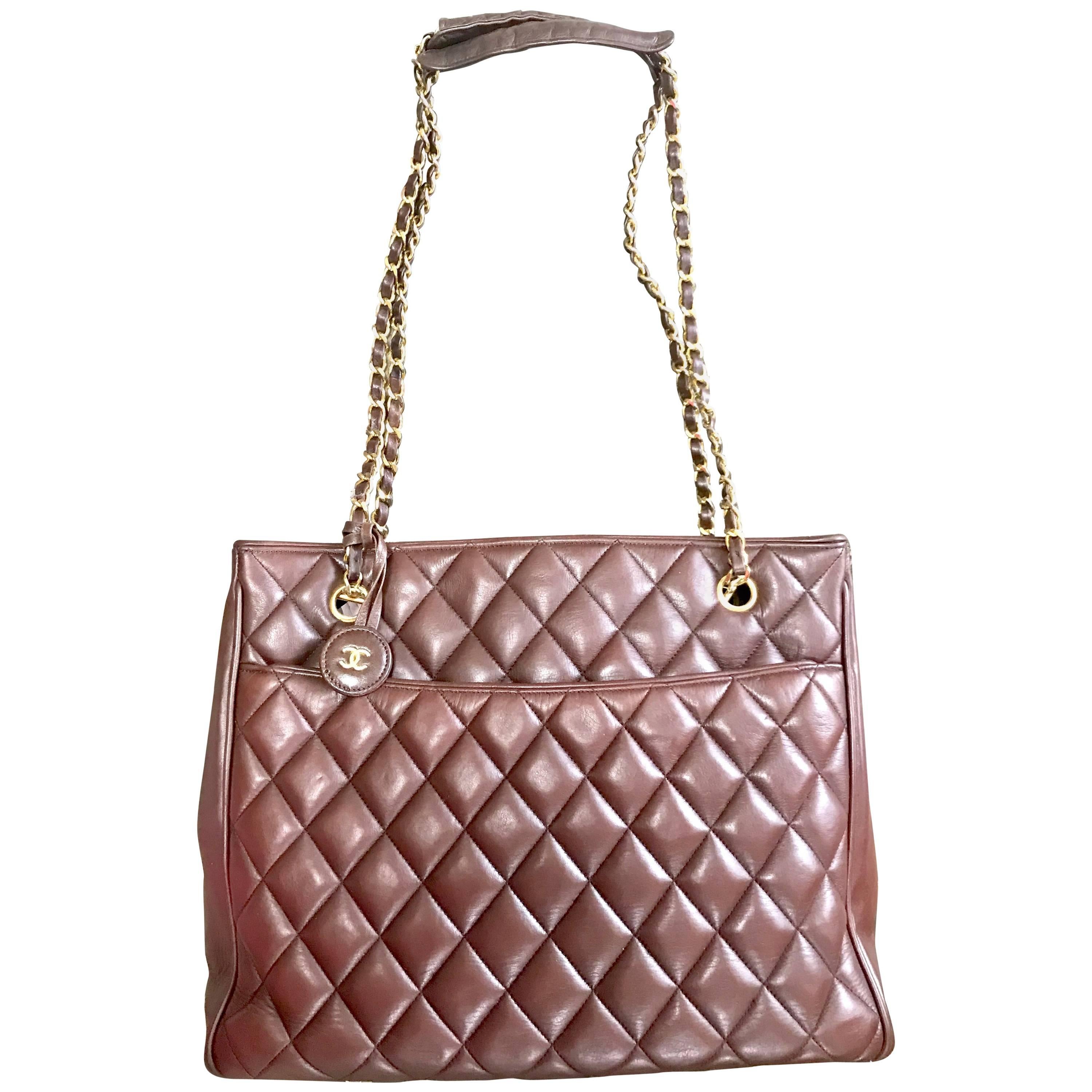 Vintage CHANEL brown quilted lamb leather classic tote bag with golden chains. For Sale