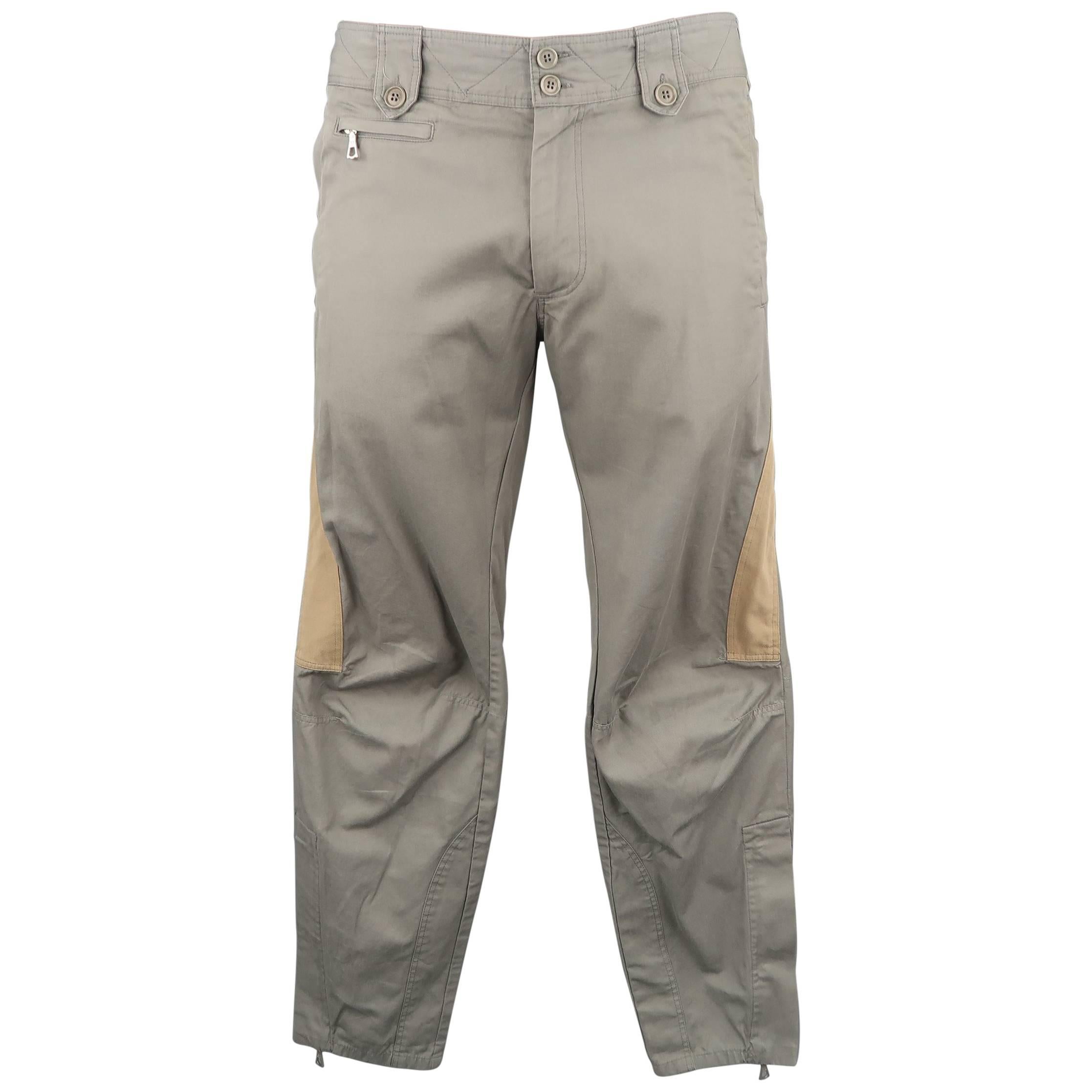 Dries Van Noten Men's Gray Cotton Tan Stripe motorcycle Pants
