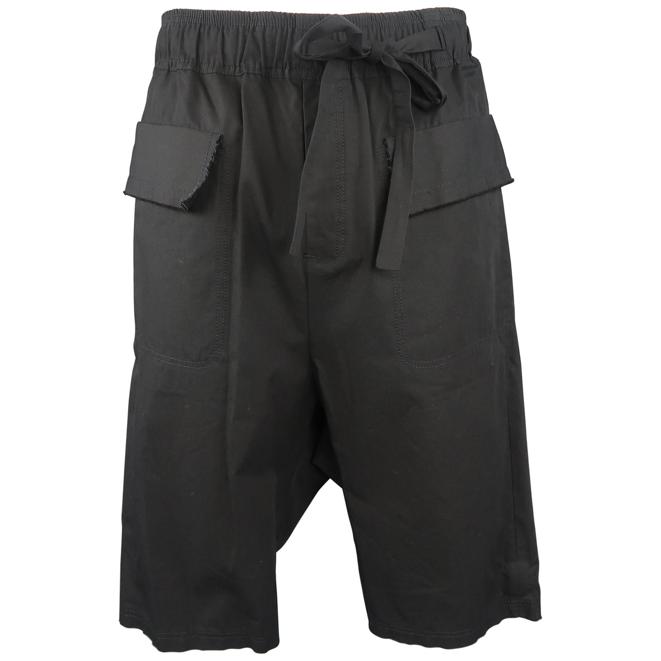 Damir Doma Men's Black Cotton Flap Pocket Drop Crotch Shorts