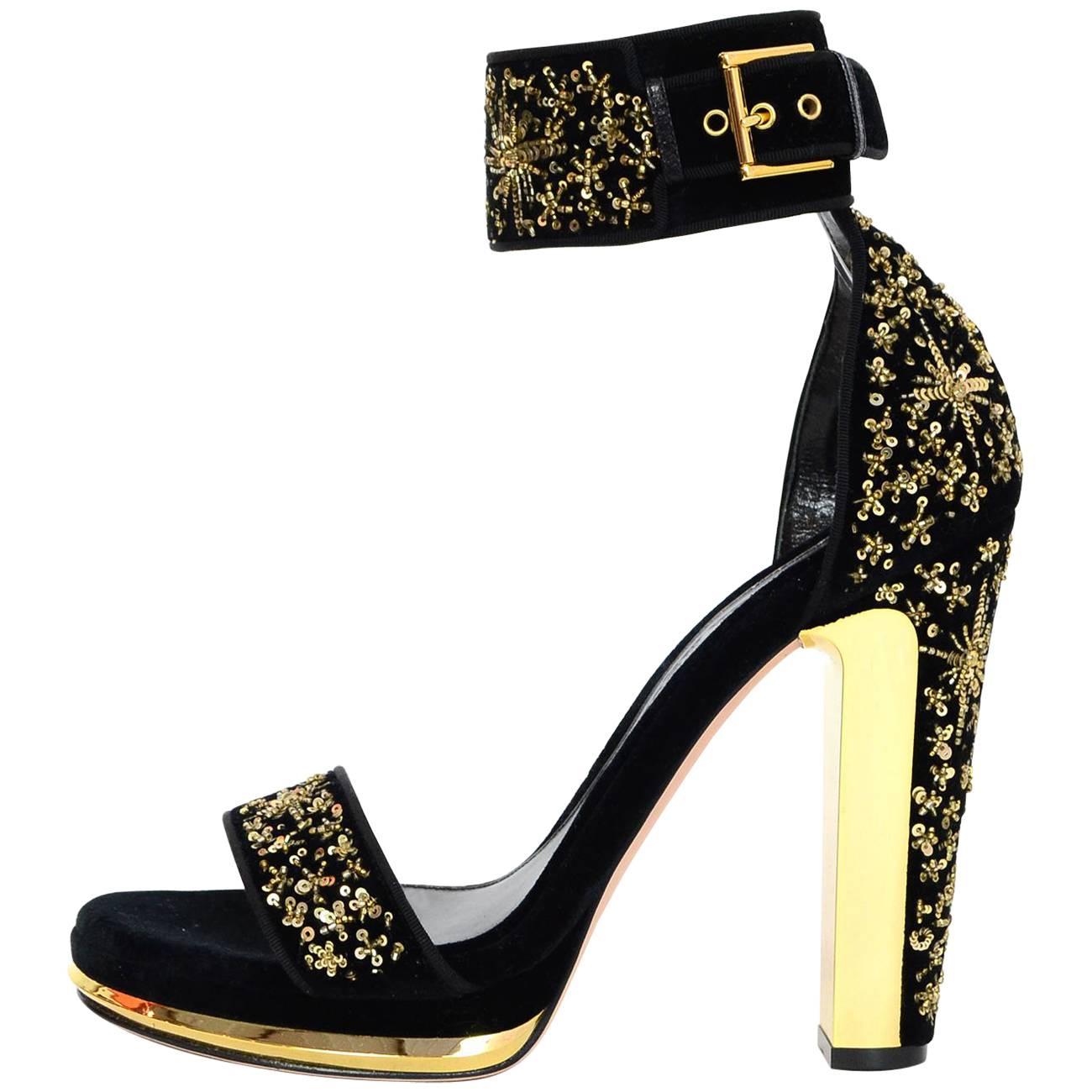 Alexander McQueen Black Velvet & Gold Sequin Sandals Sz 39 NEW