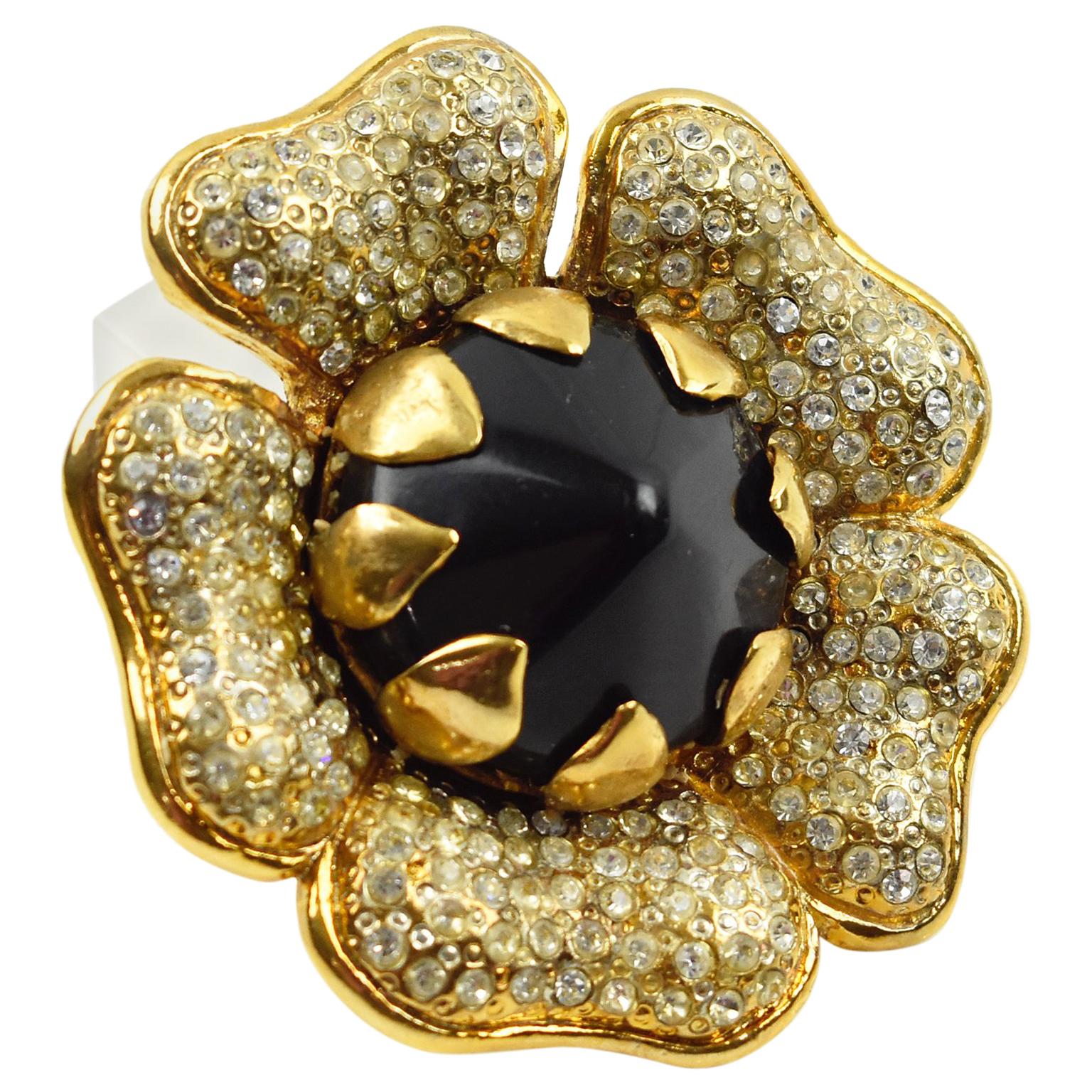 Valentino Signed Jewel Paved and Black Resin Floral Pin Brooch