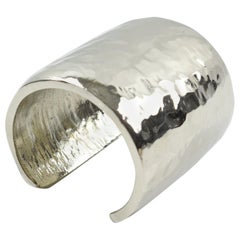 Guy Laroche Paris Signed Slave Cuff Bracelet Brutalist Shinny Silvered Metal