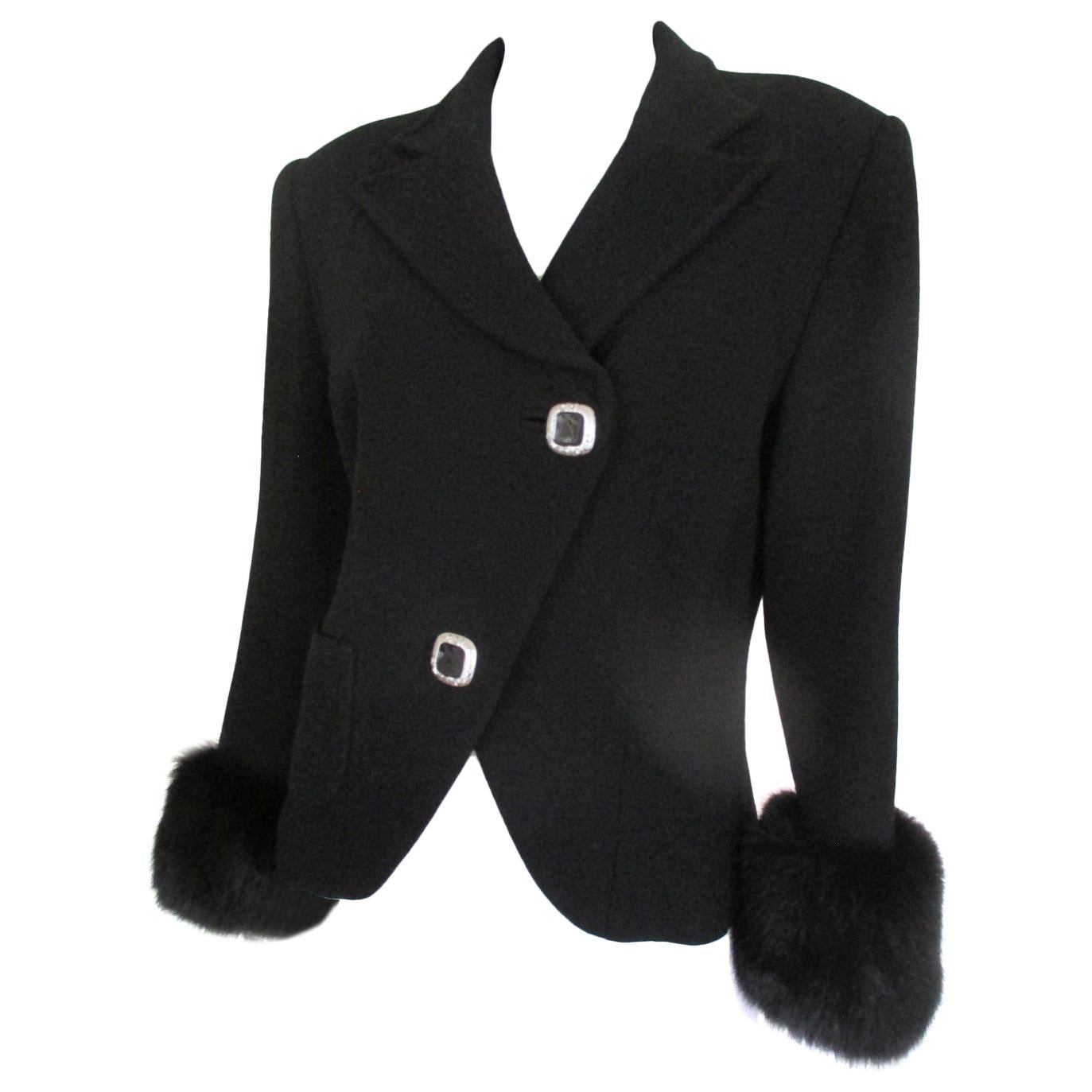 Gai Mattiolo couture black wool jacket trimmed with fox fur