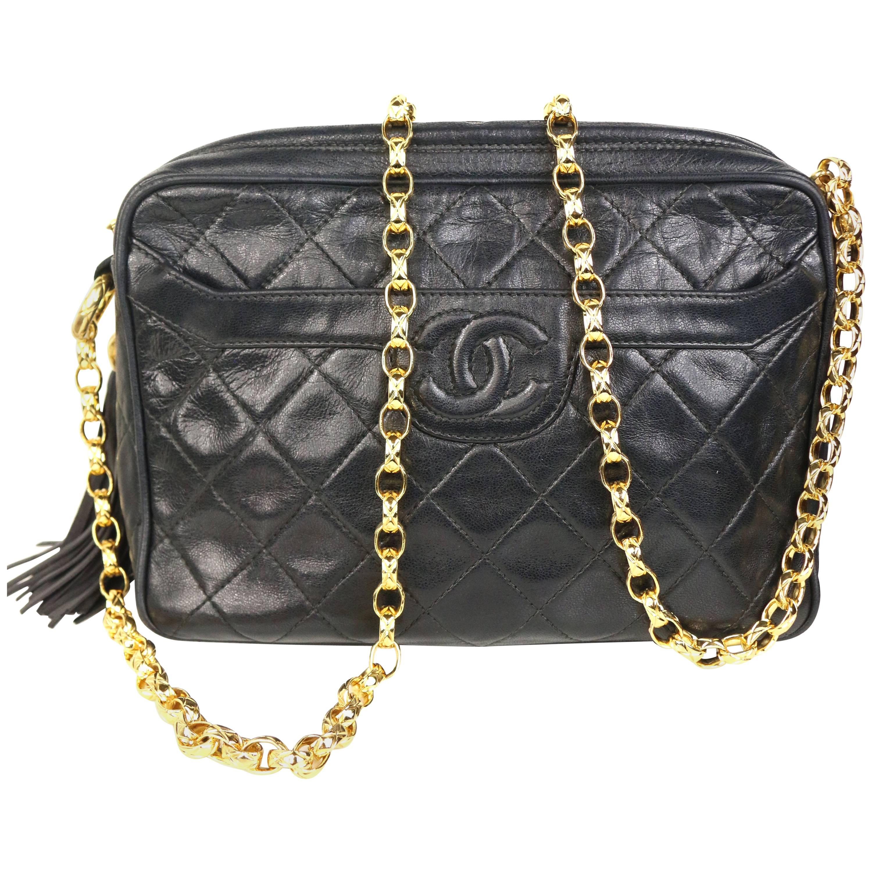 Chanel Black Quilted Lambskin Tassel with Gold Toned Chain Shoulder Bag 