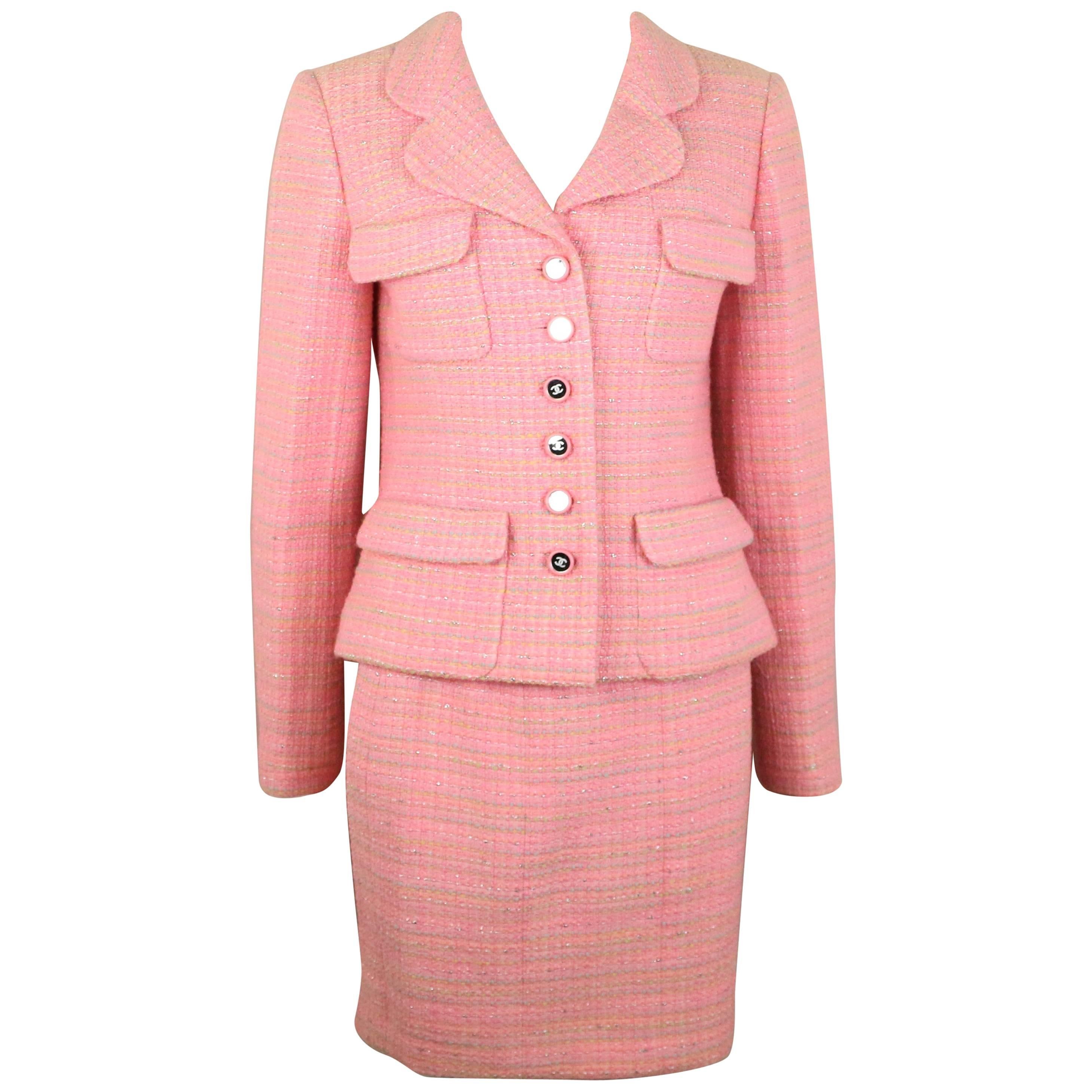 Chanel Multi Coloured Pink Tweed Jacket and Skirt Ensemble