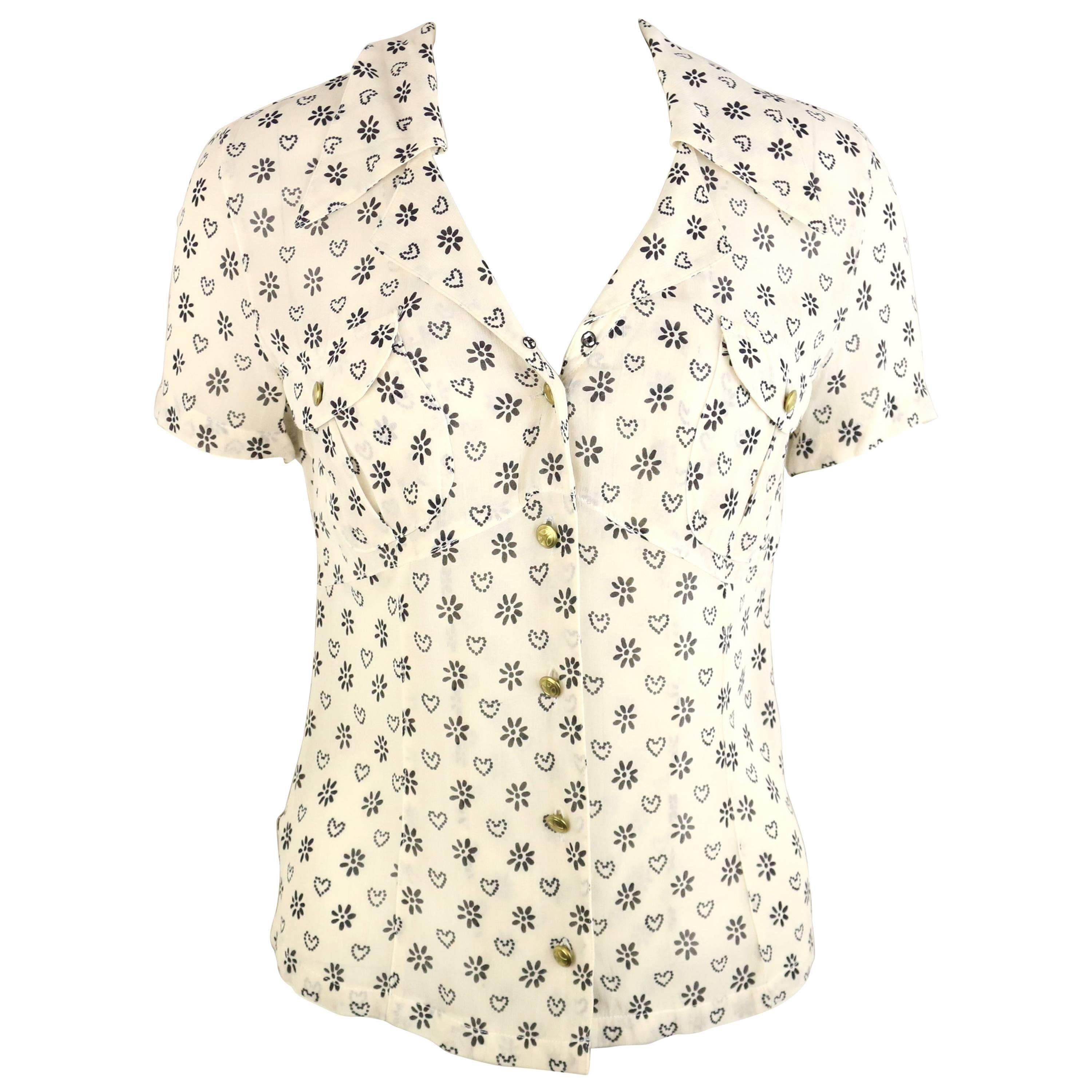Moschino Jeans White Short Sleeves Shirt with Black Sunflower and Heart Prints
