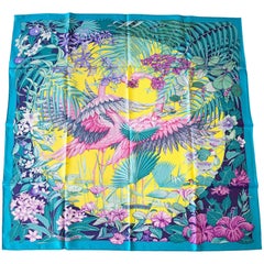 Hermes Flamingo Party Miami 90 cm Soie Edition Limitée Carre Foulard Bleu