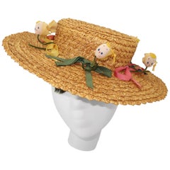 Vintage Whimsical Italian Straw Boater Hat, 1950’s