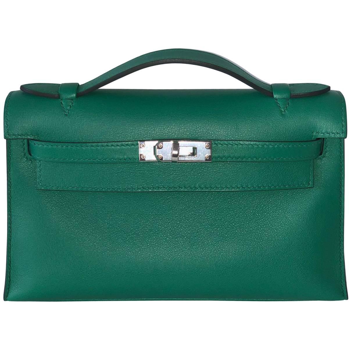 Hermes Vert Vertigo Evercolor Palladium Hardware Kelly Mini Pochette Bag 