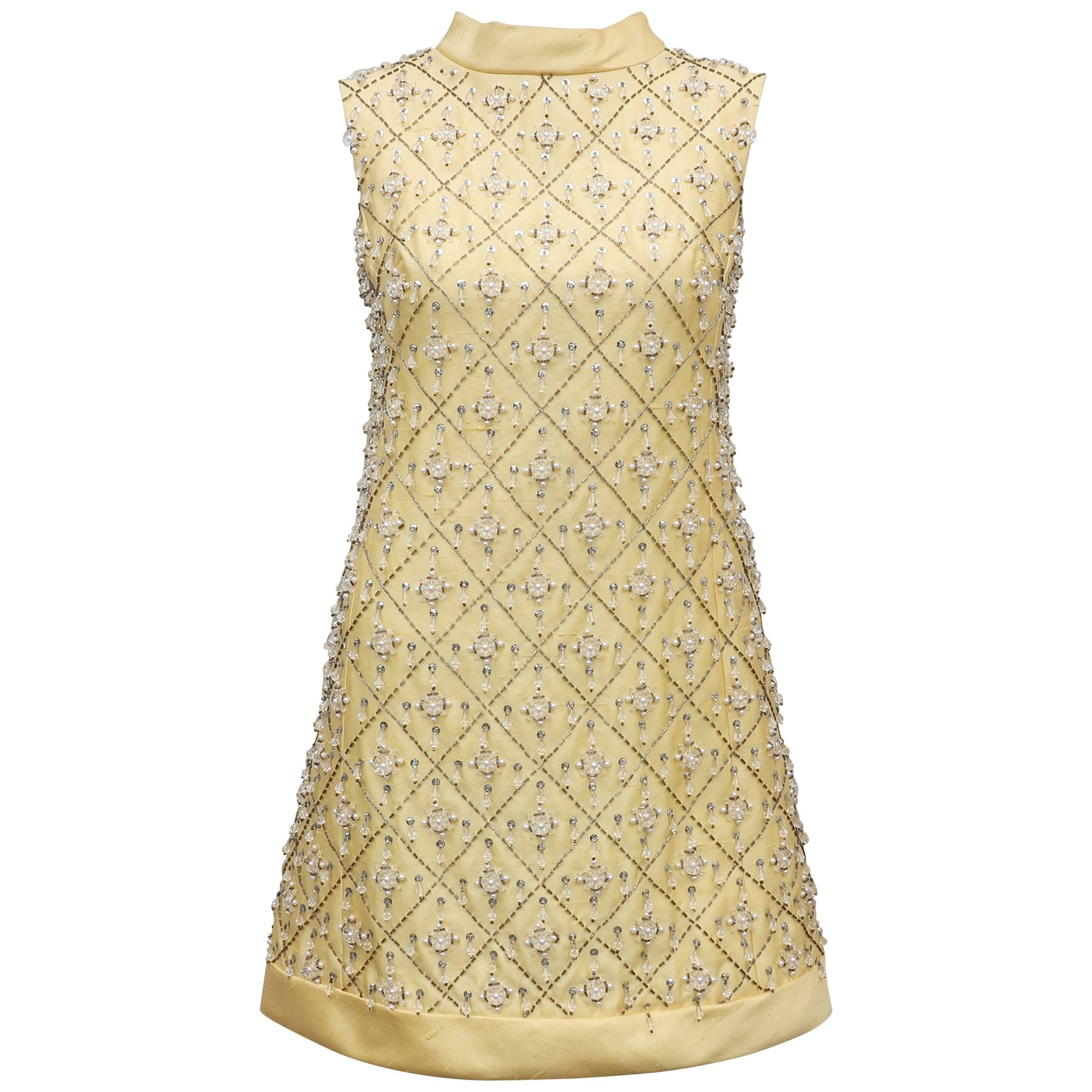 1960's Gino Charles Yellow Dupioni Silk Beaded Mini Dress