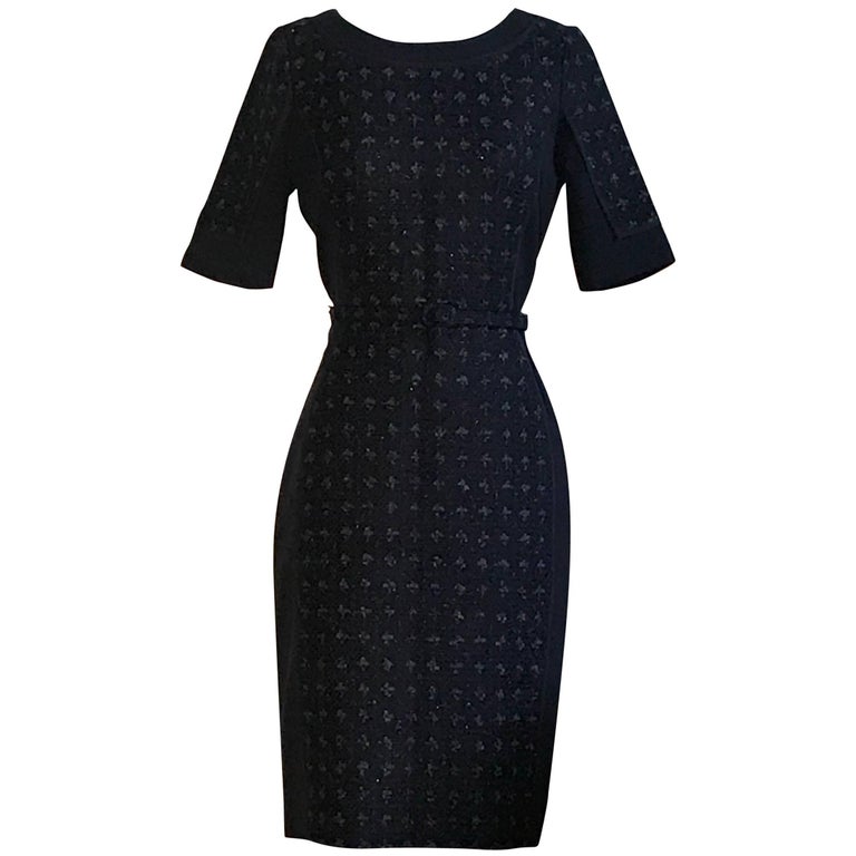 Oscar de la Renta Navy Blue Tweed Front Belted Dress with Metallic ...