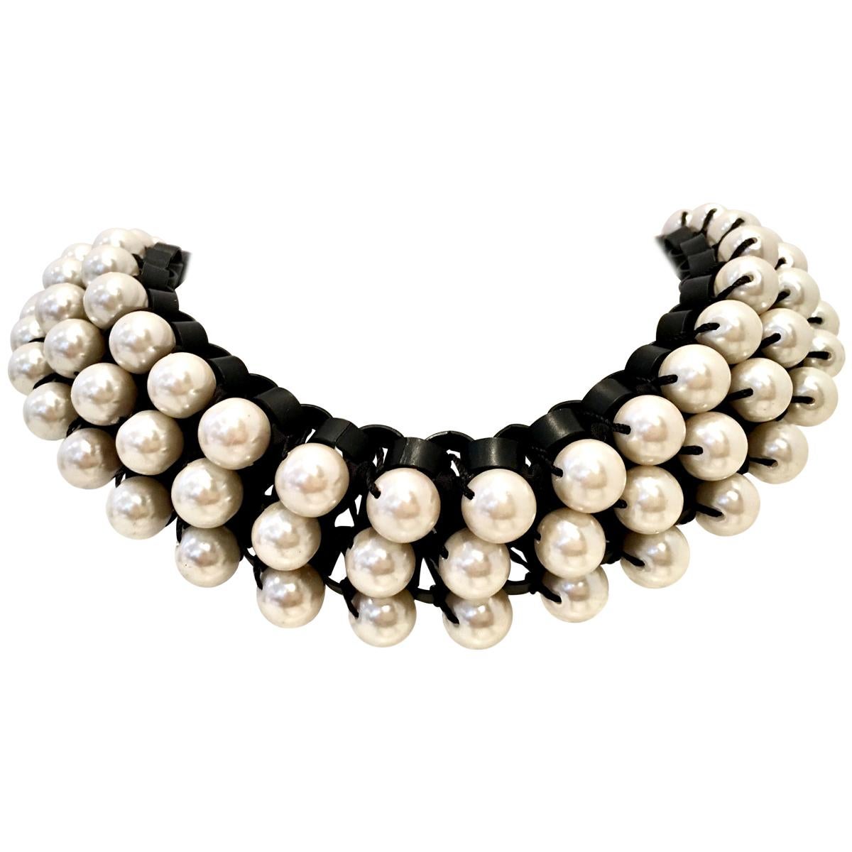 21st Century Leather & Faux Pearl Choker Style Necklace By, Lee Angel