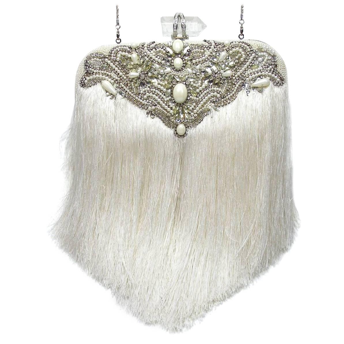 Couture Marchesa Lily Embroidered and Embellished White Fringed Beaded Clutch For Sale