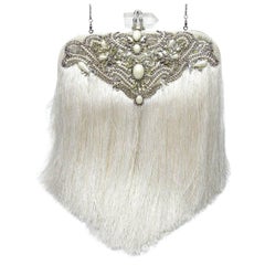 Couture Marchesa Lily Embroidered and Embellished White Fringed Beaded Clutch