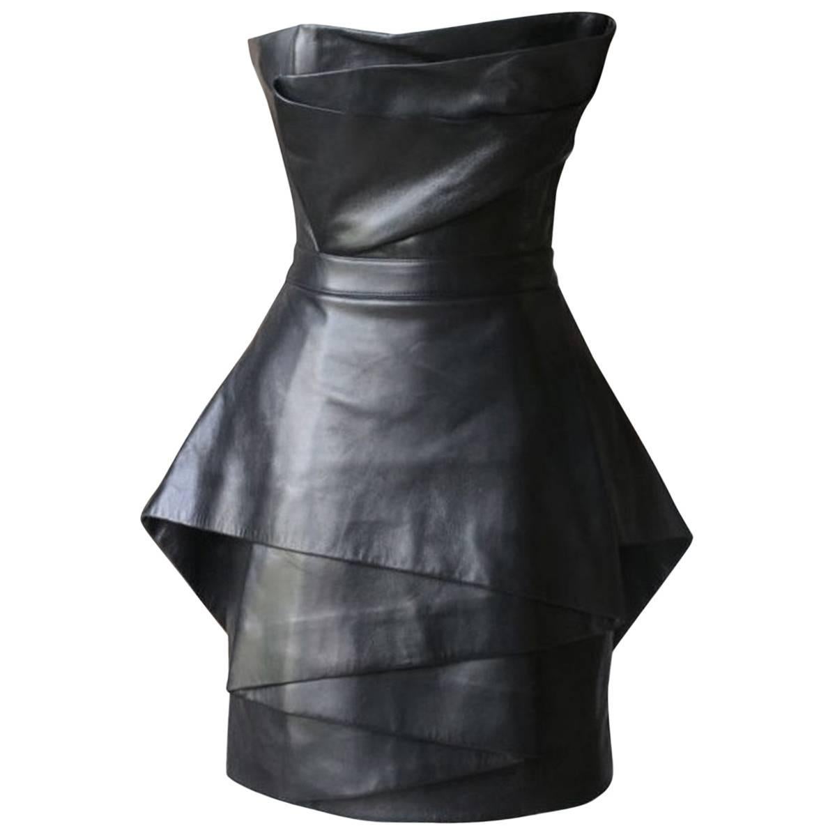 Balmain Strapless Asymmetrical Leather Dress