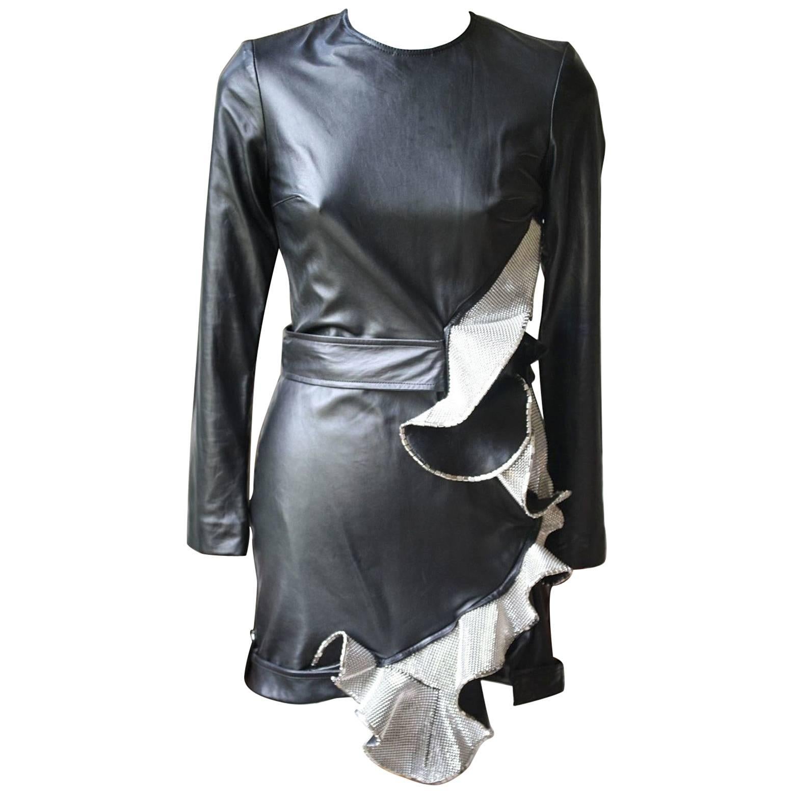 Anthony Vaccarello Long Sleeve Ruffle Leather Dress