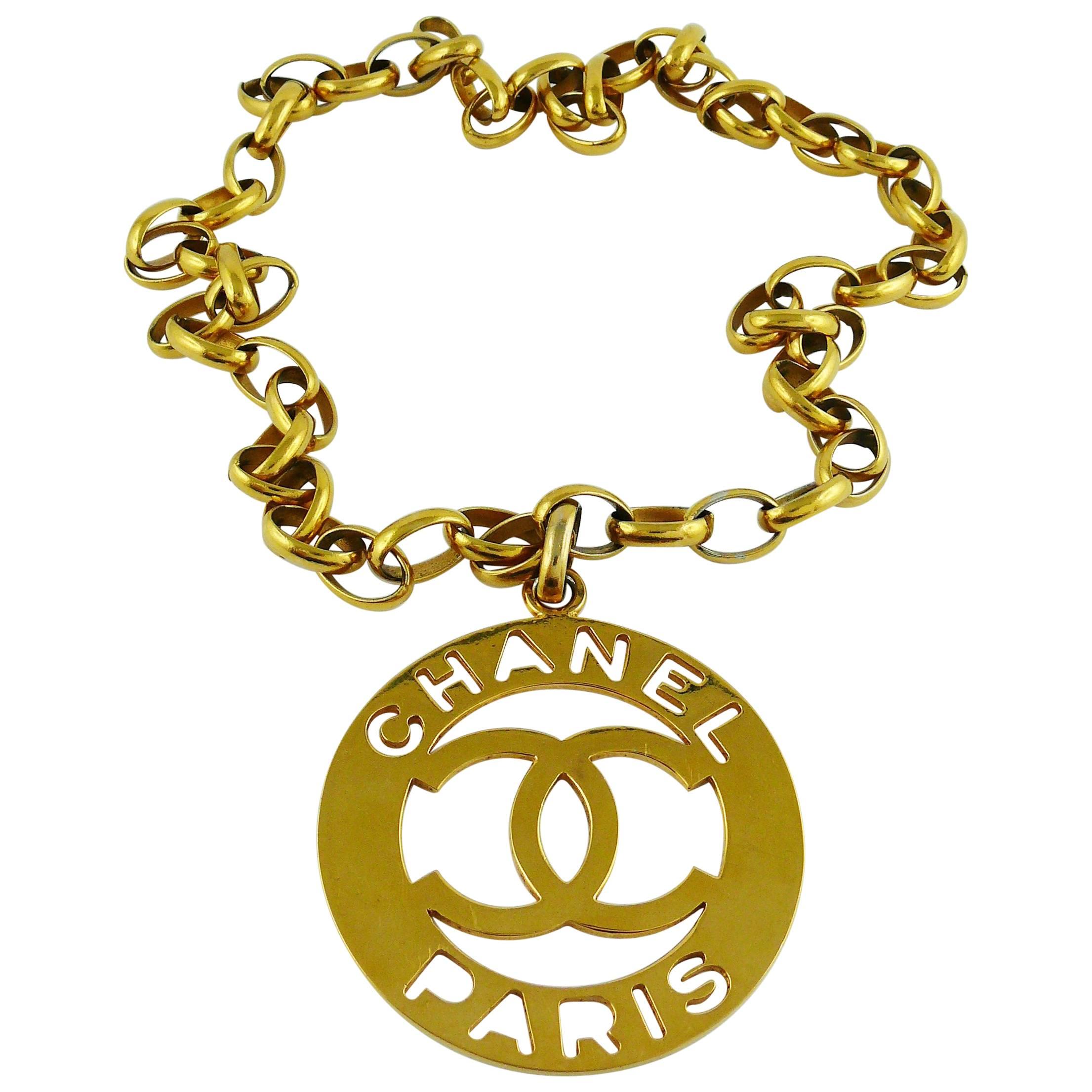 Chanel Vintage Iconic Gold Toned Cutout Openwork Logo Medallion Necklace Belt