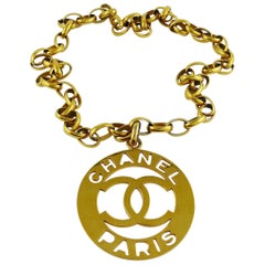 Chanel Vintage Iconic Gold Toned Cutout Openwork Logo Medallion Necklace Belt