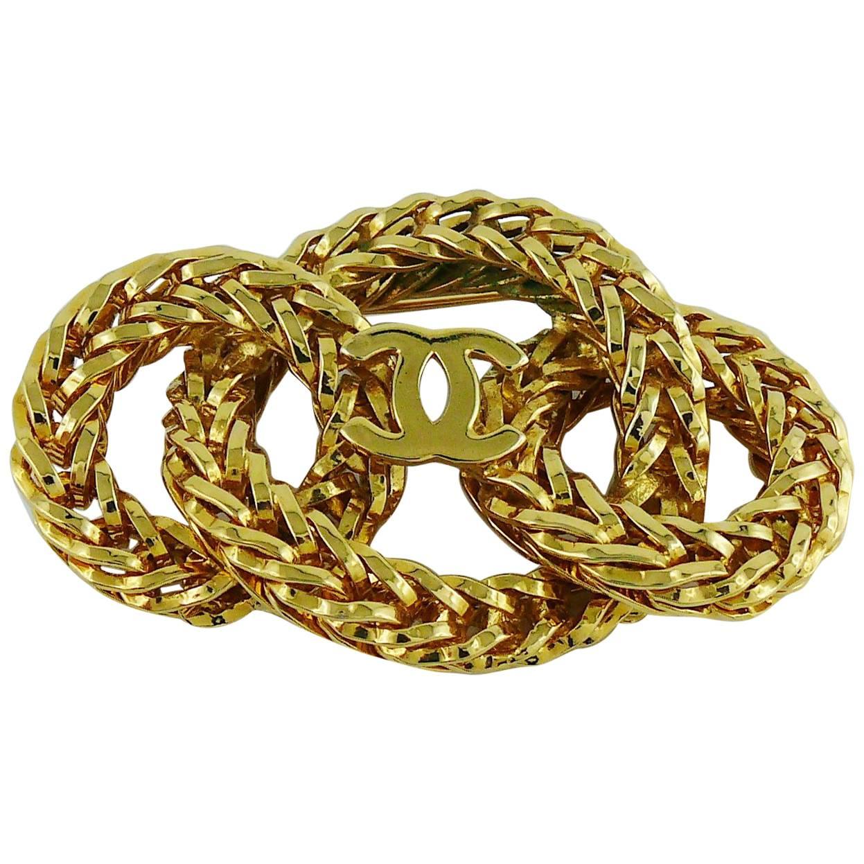 Chanel Vintage 1980s Gold Toned Chain Rings with CC Brooch
