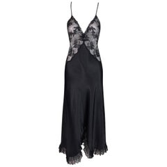 Vintage 1980's Christian Dior Plunging Sheer Black Lace Slip Gown Dress Lingerie