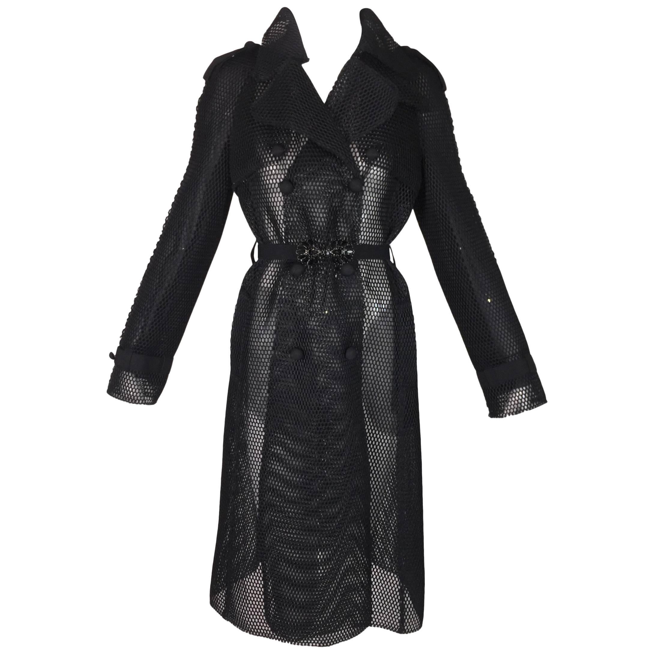 Dolce & Gabbana Black Sheer Fishnet Mesh Trench Coat Long Jacket