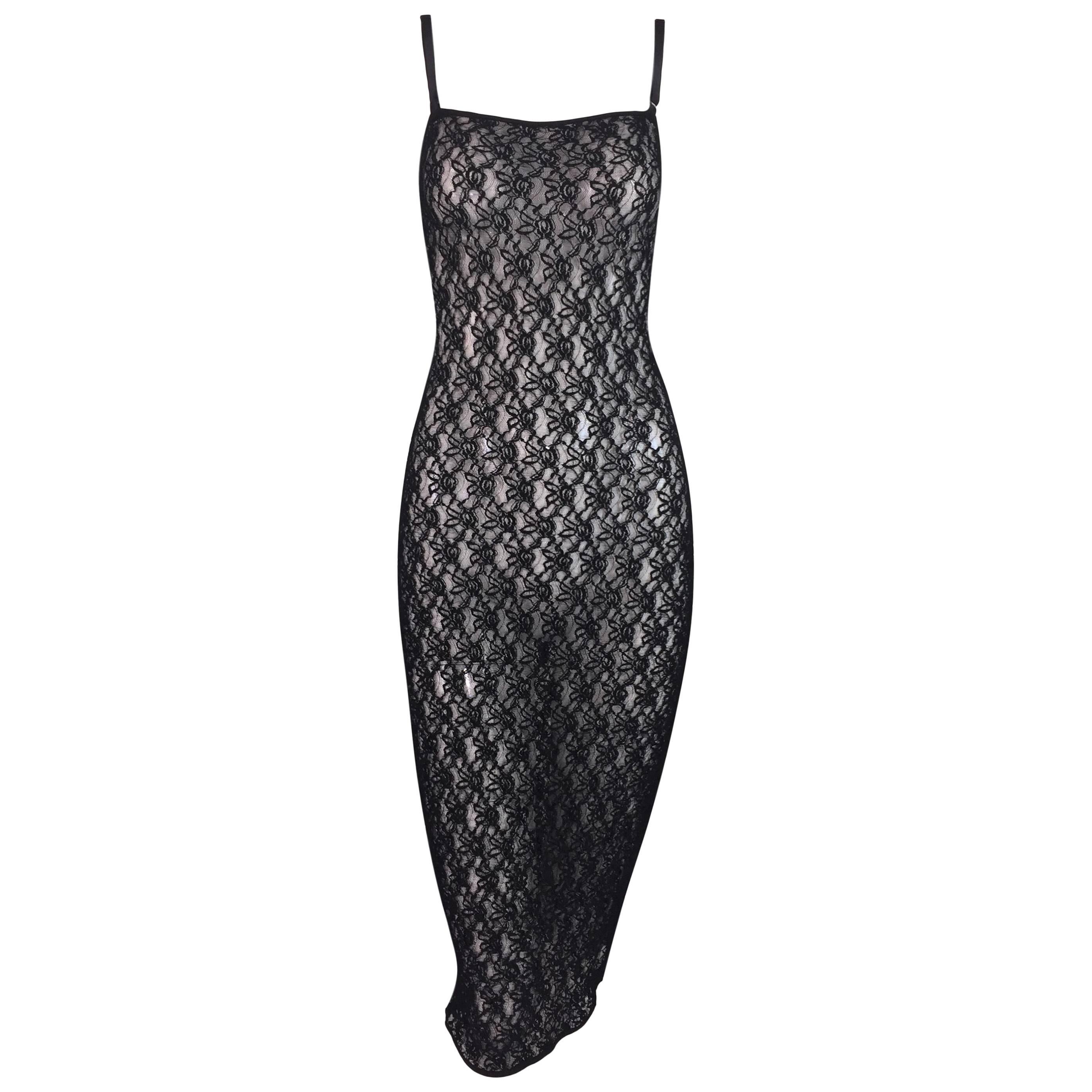 1990's Dolce & Gabbana Embroidered Fishnet Mesh Wiggle Pin-Up Dress