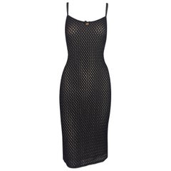 Vintage 1990's D&G by Dolce & Gabbana Sheer Black Knit Fishnet Mesh Dress w Mary Charm