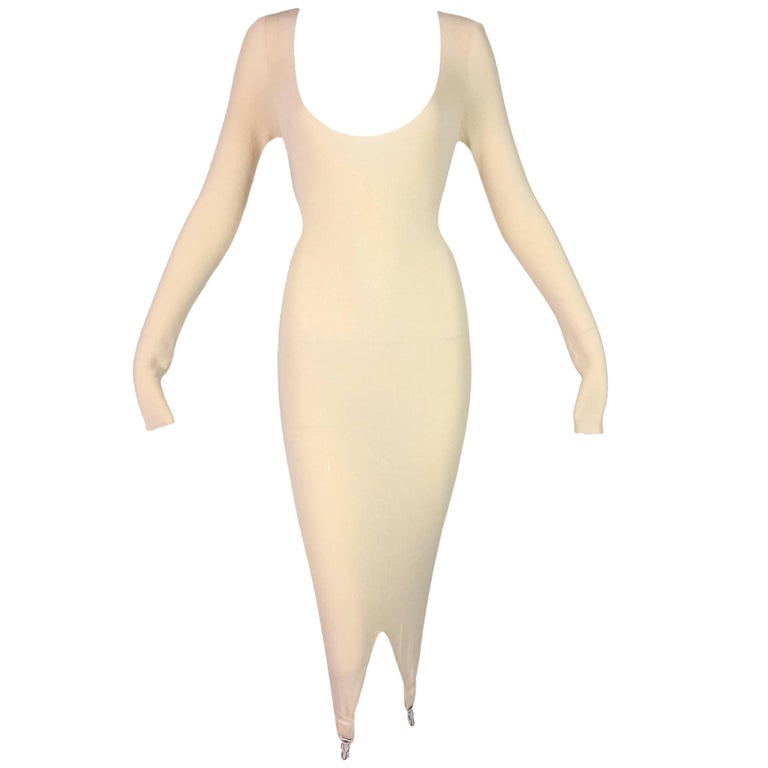 NWT 2000's Jean Paul Gaultier Sheer Cream Knit Plunging Wiggle Garter