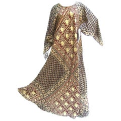Exotic Bohemian Cotton Print Festival Caftan Gown circa 1970s 