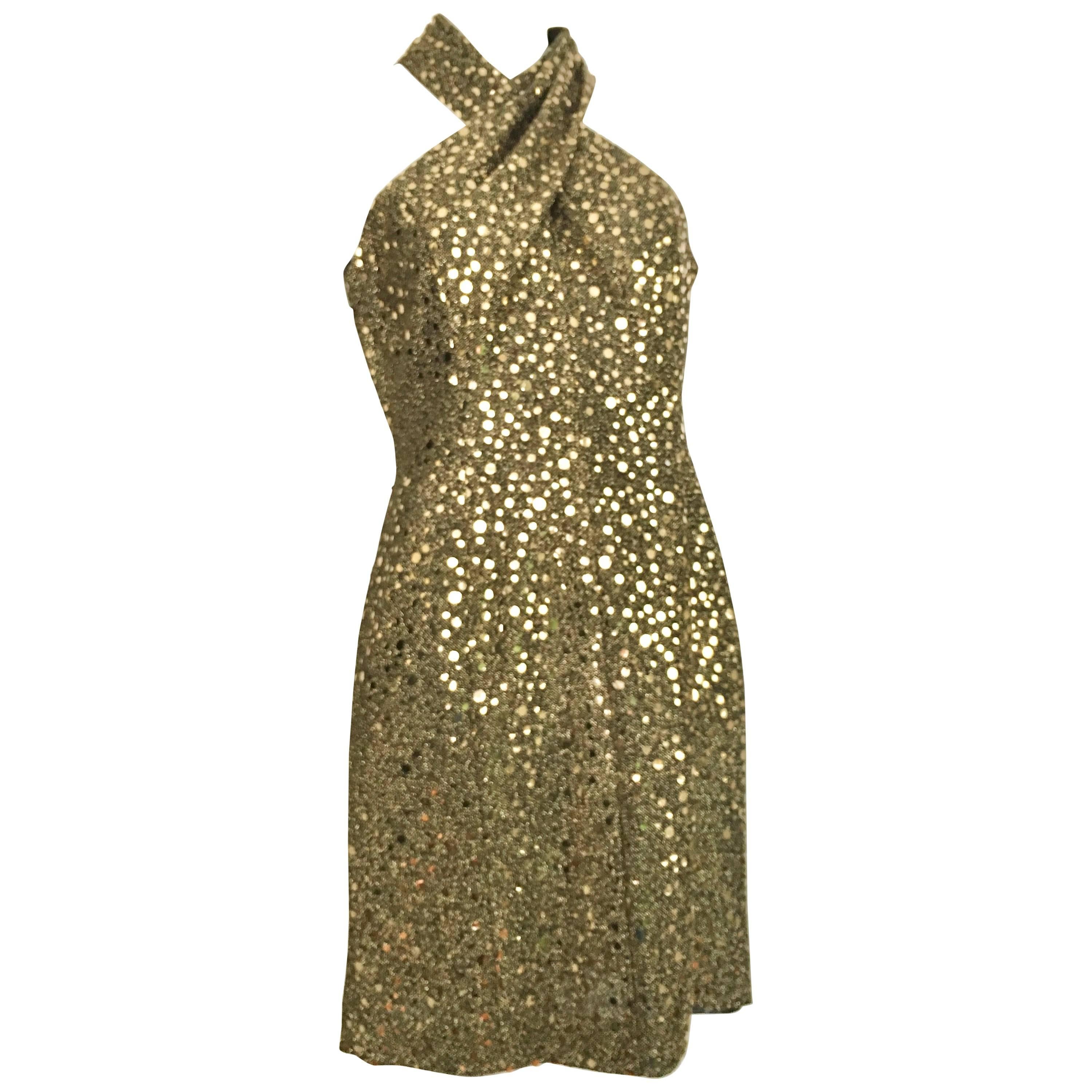 Morton Myles 1980s Gold Sequin Cocktail Dress Size 6. For Sale