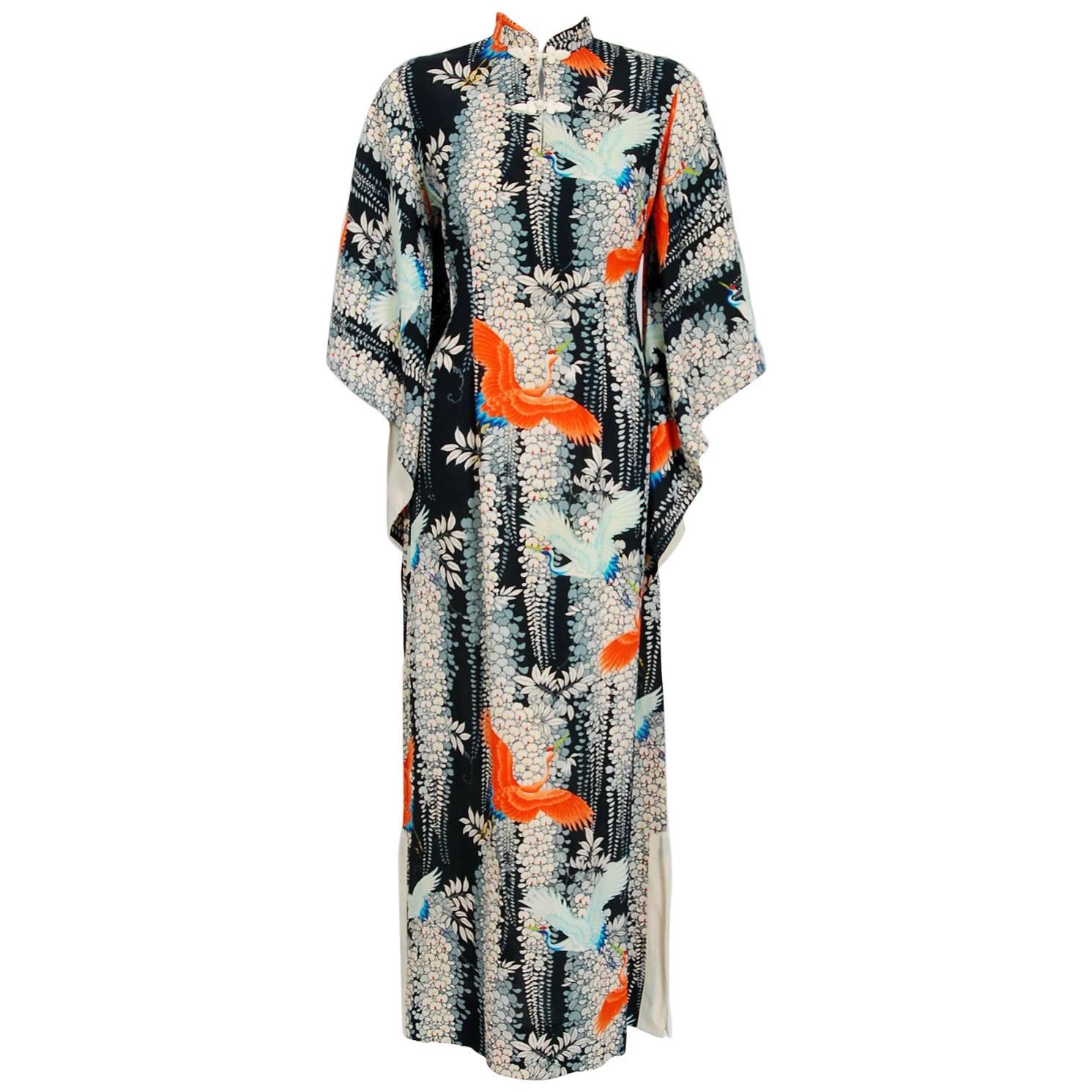 1940's Hawaiian Novelty Crane-Bird Tropical Print Silk Rayon Pake Muu Gown Dress