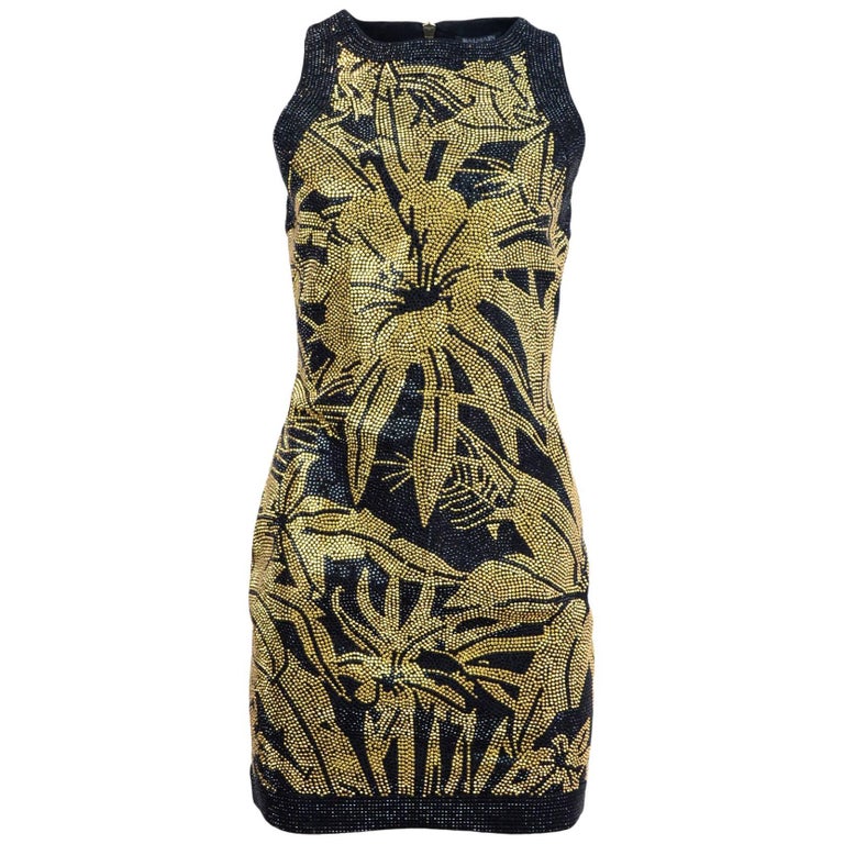 Balmain Black and Gold Crystal Floral Dress Sz FR38 For Sale at 1stDibs