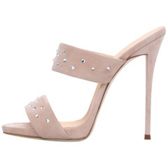 Giuseppe Zanotti Blush Nude Suede Crystal Slide in Mules Heels Sandals 