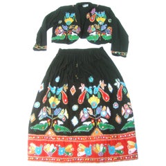 Vintage Sequined Cotton Applique Jacket Skirt Ensemble, circa 1990