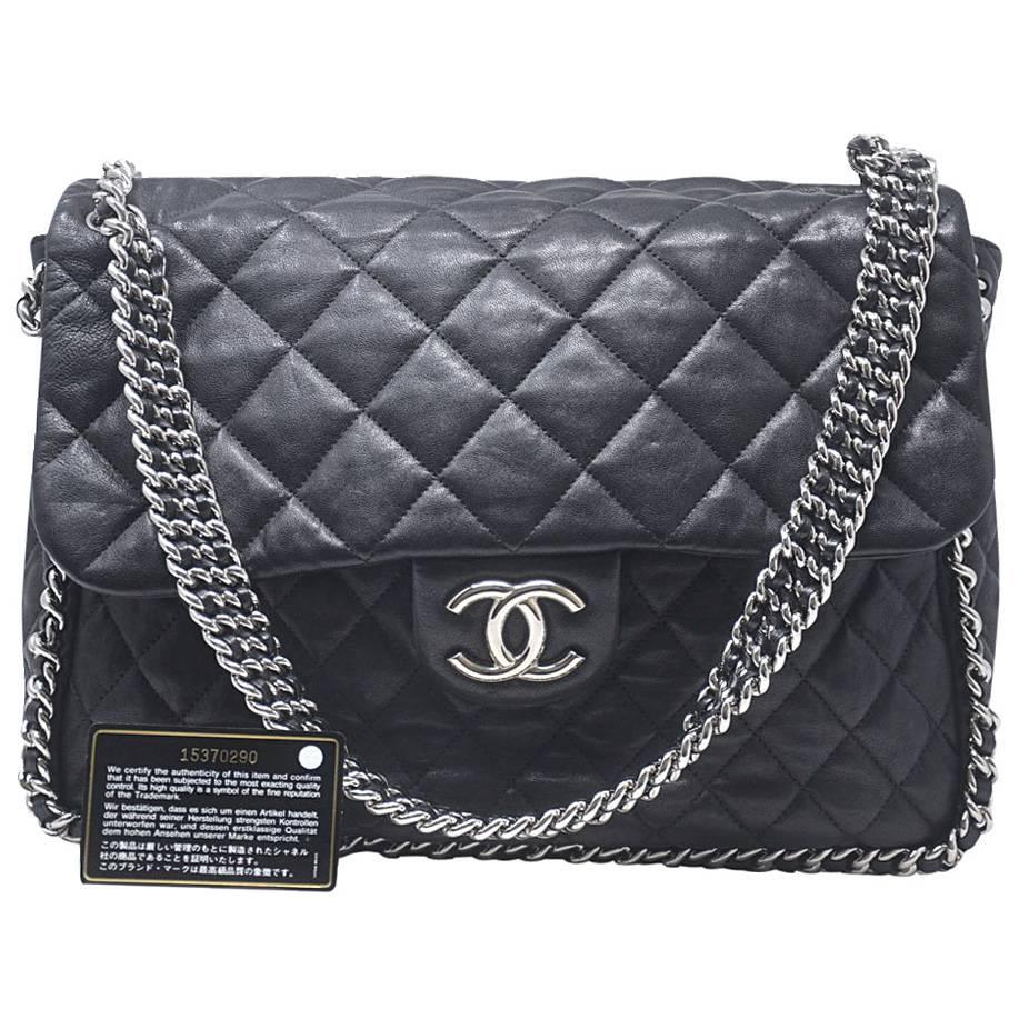 Chanel Black Maxi Silver Chain Around the Handbag Hardware With Card