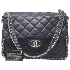 Chanel Black Maxi Silver Chain Around the Handbag Hardware With Card