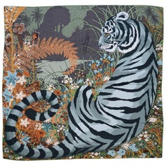 Hermes Green & Brown Tyger Tyger Tiger Cashmere & Silk 140cm Shawl Scarf