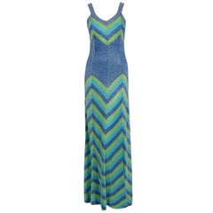 1972 Emilio Pucci Metallic Green Blue Stripe Knit Bias-Cut Plunge Maxi Dress